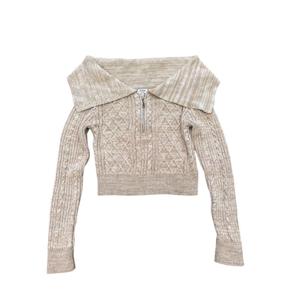 Cotton On Cable Knit Cropped Sweater Tan Marled Off Shoulder Quarter Zip XS